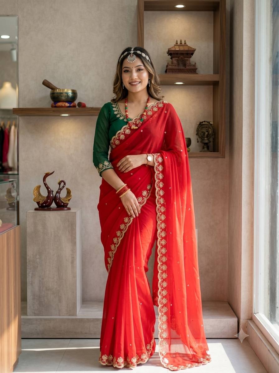 Elegant Red Soft Georgette Sequins Embroidered Designer Saree with Scallop Border