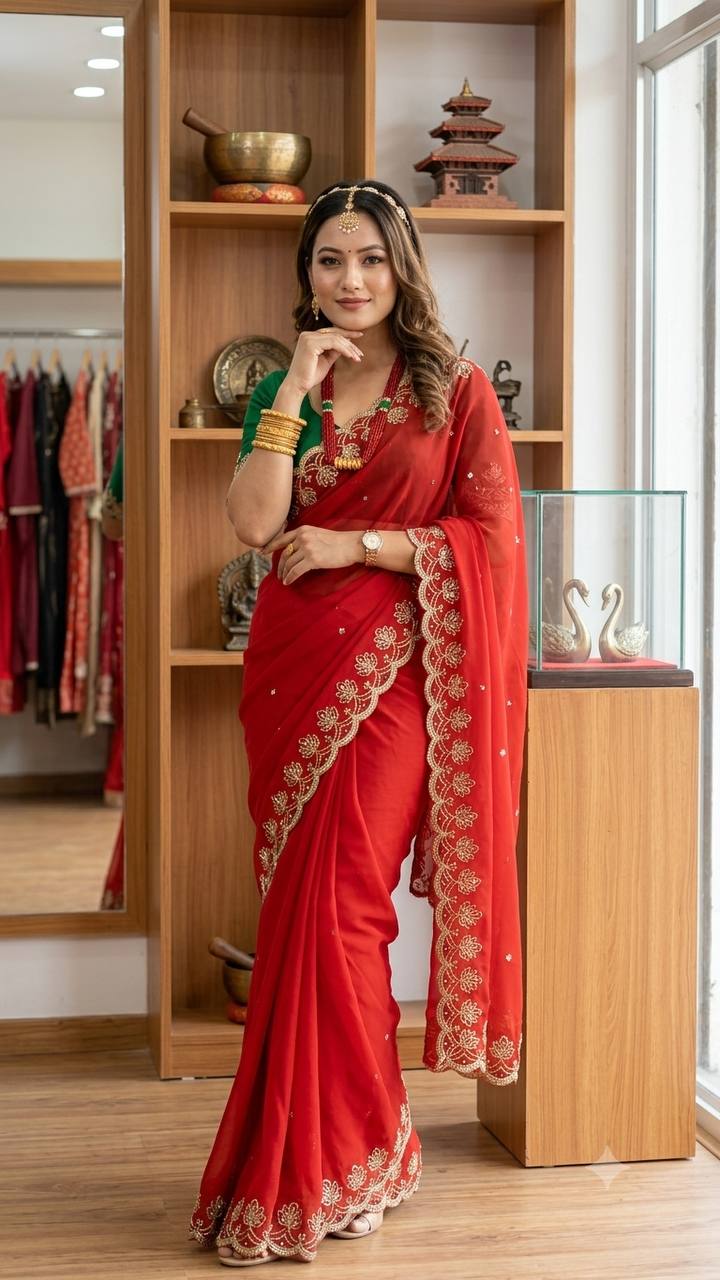 Elegant Red Soft Georgette Sequins Embroidered Designer Saree with Scallop Border
