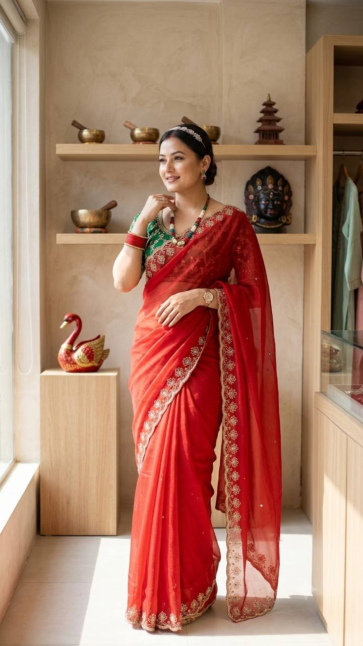 Elegant Red Soft Georgette Sequins Embroidered Designer Saree with Scallop Border