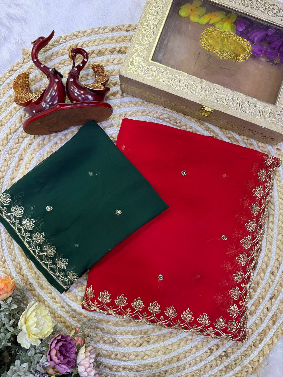 Elegant Red Soft Georgette Sequins Embroidered Designer Saree with Scallop Border