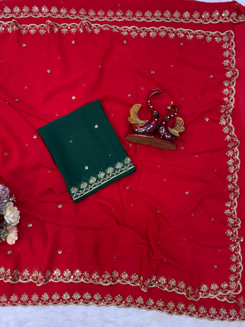 Elegant Red Soft Georgette Sequins Embroidered Designer Saree with Scallop Border