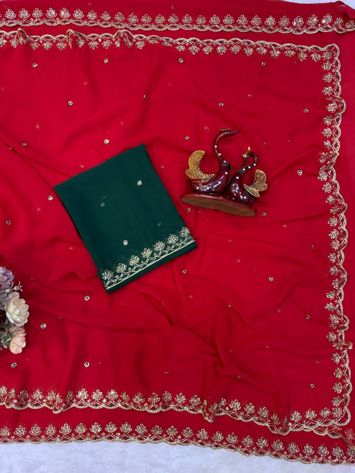 Elegant Red Soft Georgette Sequins Embroidered Designer Saree with Scallop Border
