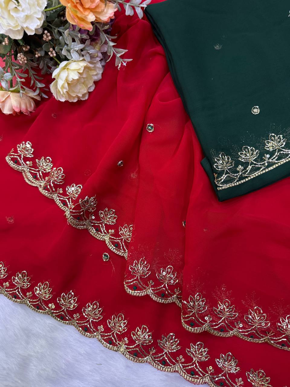 Elegant Red Soft Georgette Sequins Embroidered Designer Saree with Scallop Border