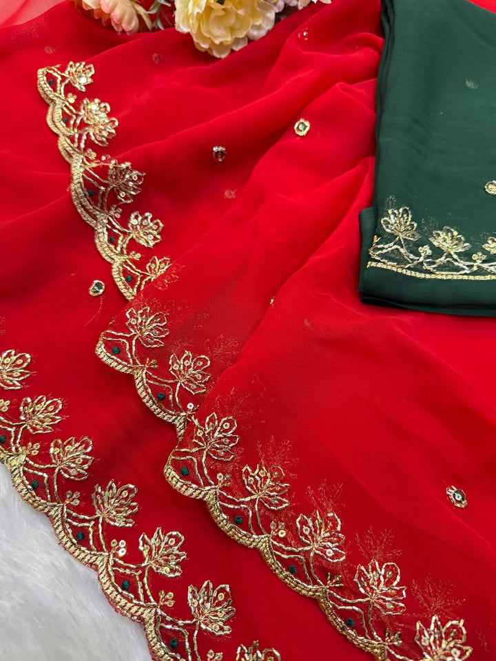 Elegant Red Soft Georgette Sequins Embroidered Designer Saree with Scallop Border
