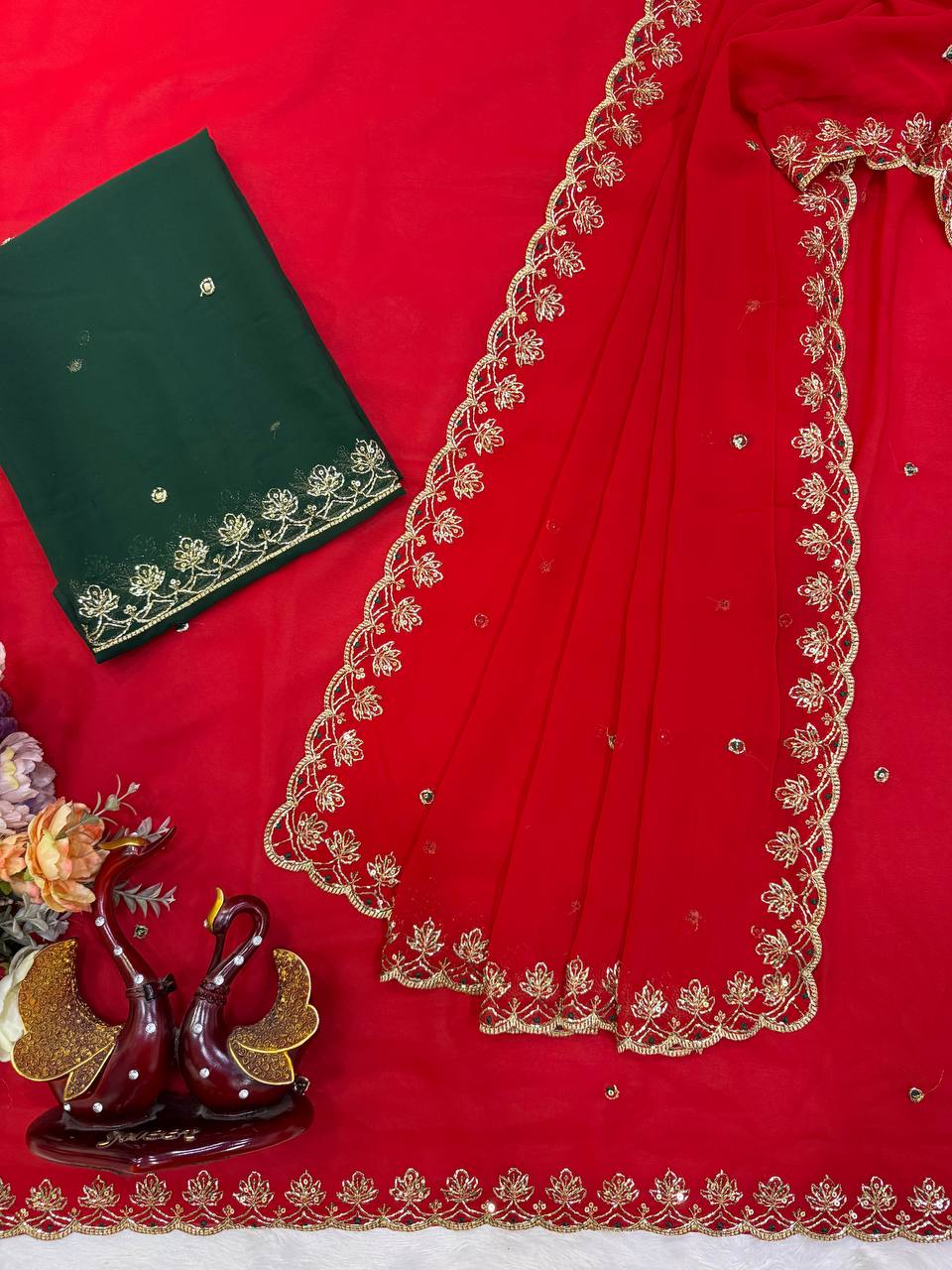 Elegant Red Soft Georgette Sequins Embroidered Designer Saree with Scallop Border