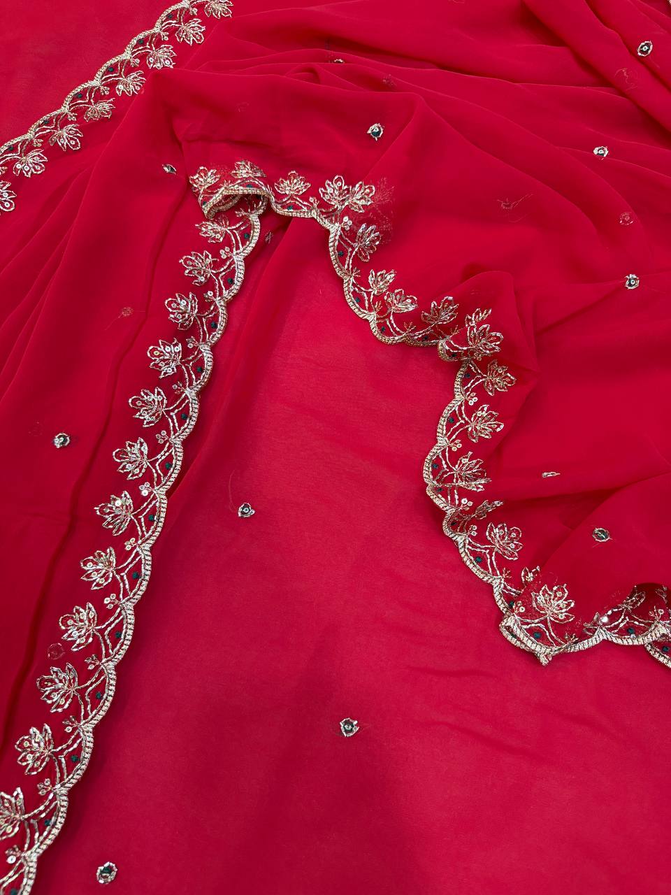 Elegant Red Soft Georgette Sequins Embroidered Designer Saree with Scallop Border