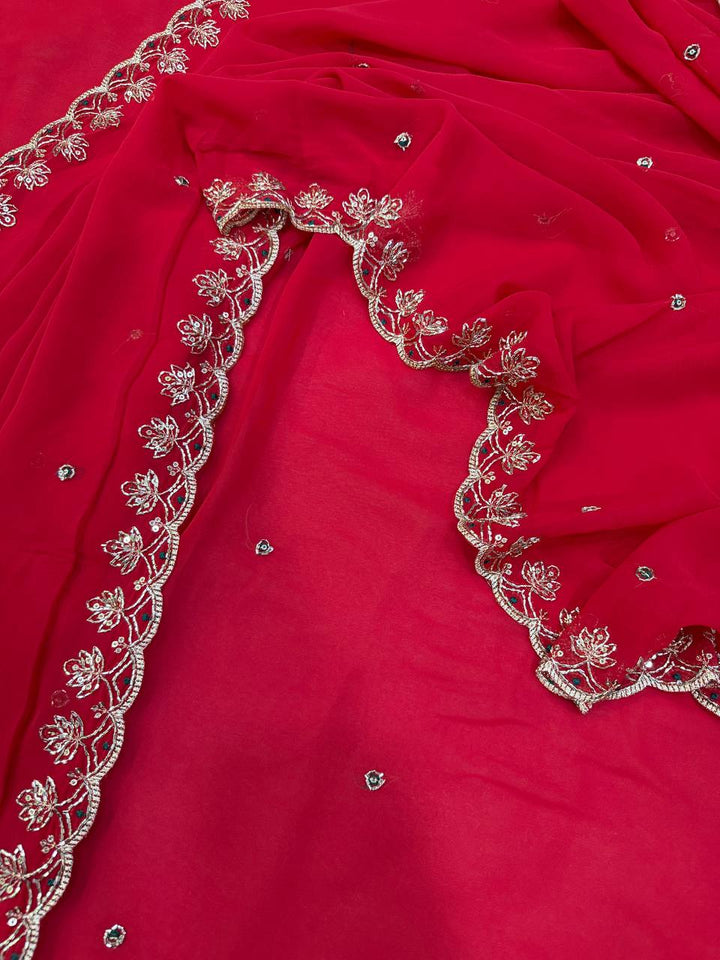 Elegant Red Soft Georgette Sequins Embroidered Designer Saree with Scallop Border