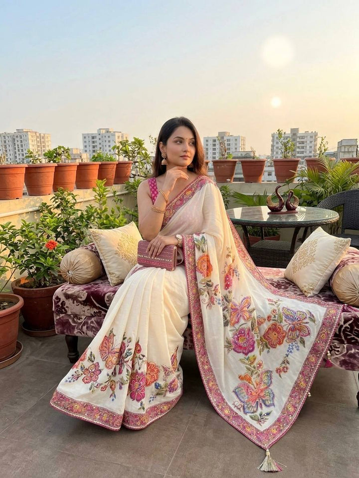 Designer Soft Chinnon Silk Butterfly &amp; Floral Print Saree with Real Mirror Work | Printed Chinnon Silk Blouse
