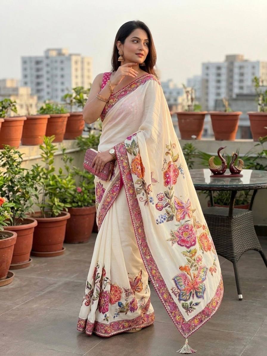 Designer Soft Chinnon Silk Butterfly &amp; Floral Print Saree with Real Mirror Work | Printed Chinnon Silk Blouse