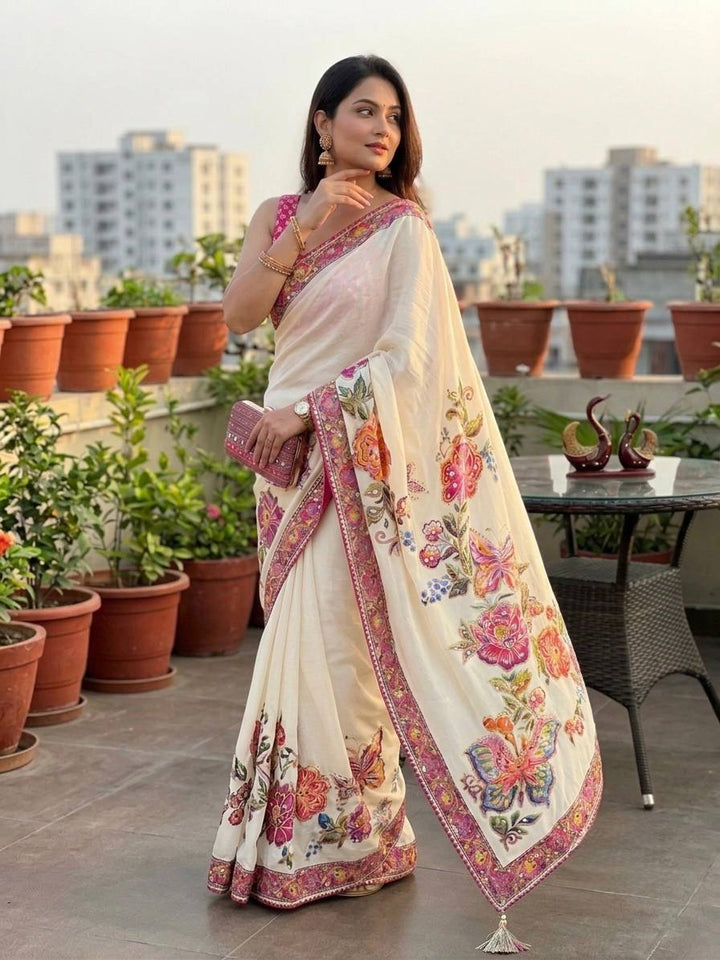 Designer Soft Chinnon Silk Butterfly &amp; Floral Print Saree with Real Mirror Work | Printed Chinnon Silk Blouse
