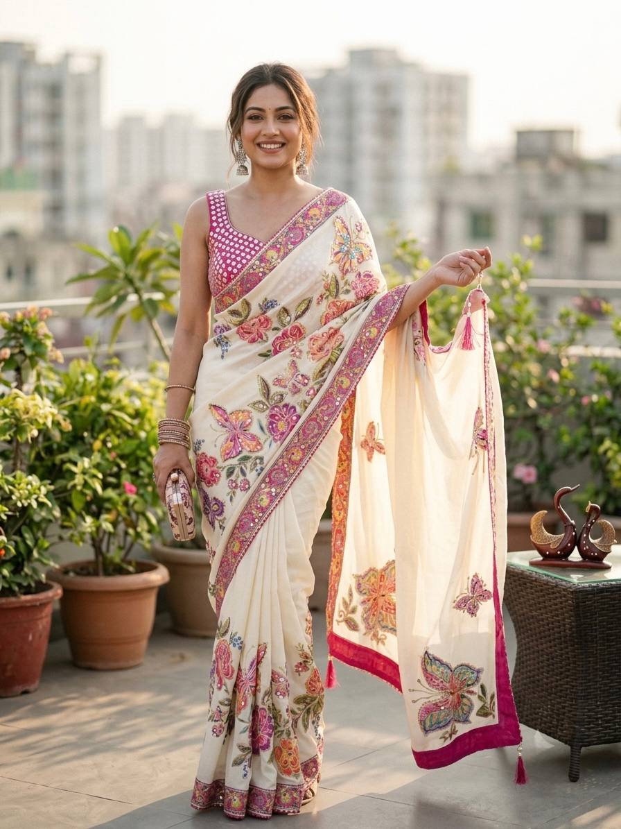 Designer Soft Chinnon Silk Butterfly &amp; Floral Print Saree with Real Mirror Work | Printed Chinnon Silk Blouse