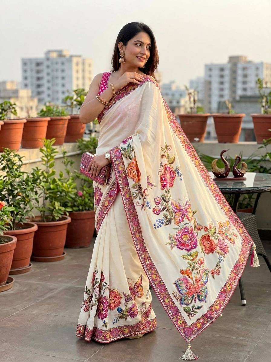 Designer Soft Chinnon Silk Butterfly &amp; Floral Print Saree with Real Mirror Work | Printed Chinnon Silk Blouse