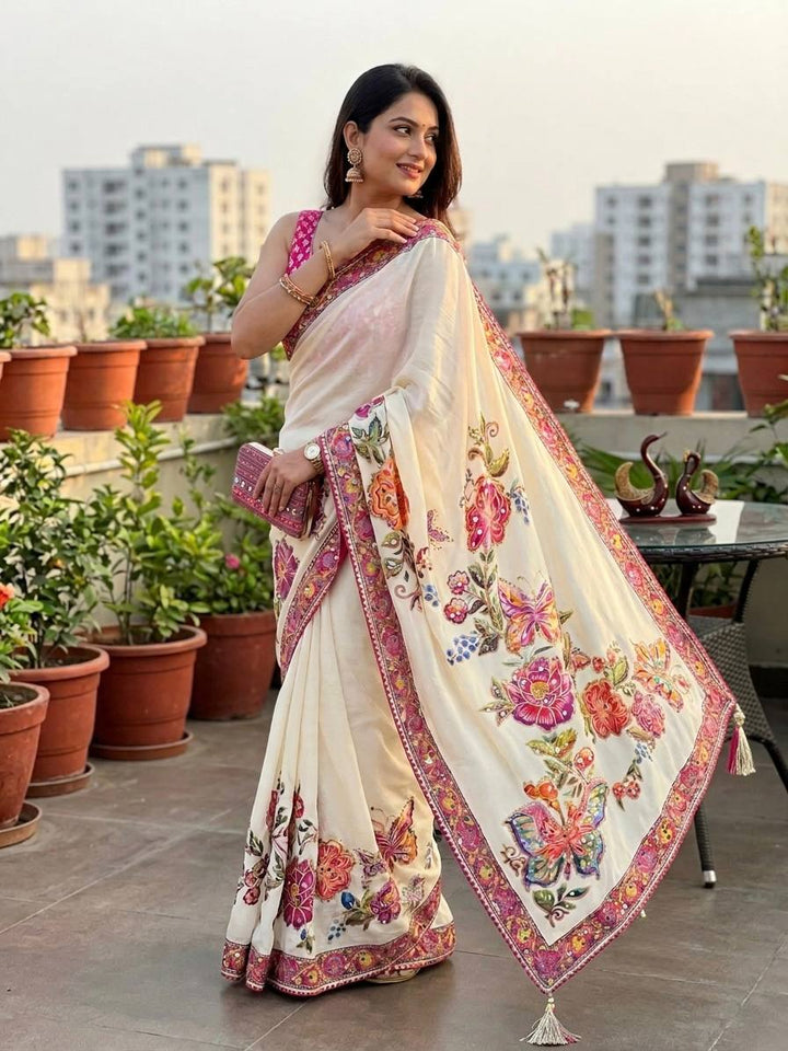 Designer Soft Chinnon Silk Butterfly &amp; Floral Print Saree with Real Mirror Work | Printed Chinnon Silk Blouse