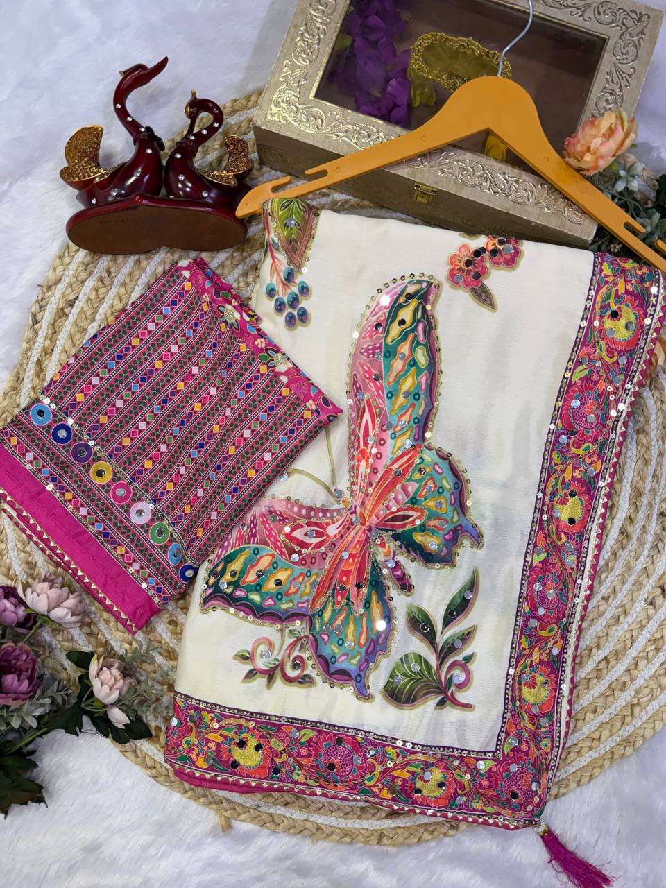 Designer Soft Chinnon Silk Butterfly &amp; Floral Print Saree with Real Mirror Work | Printed Chinnon Silk Blouse