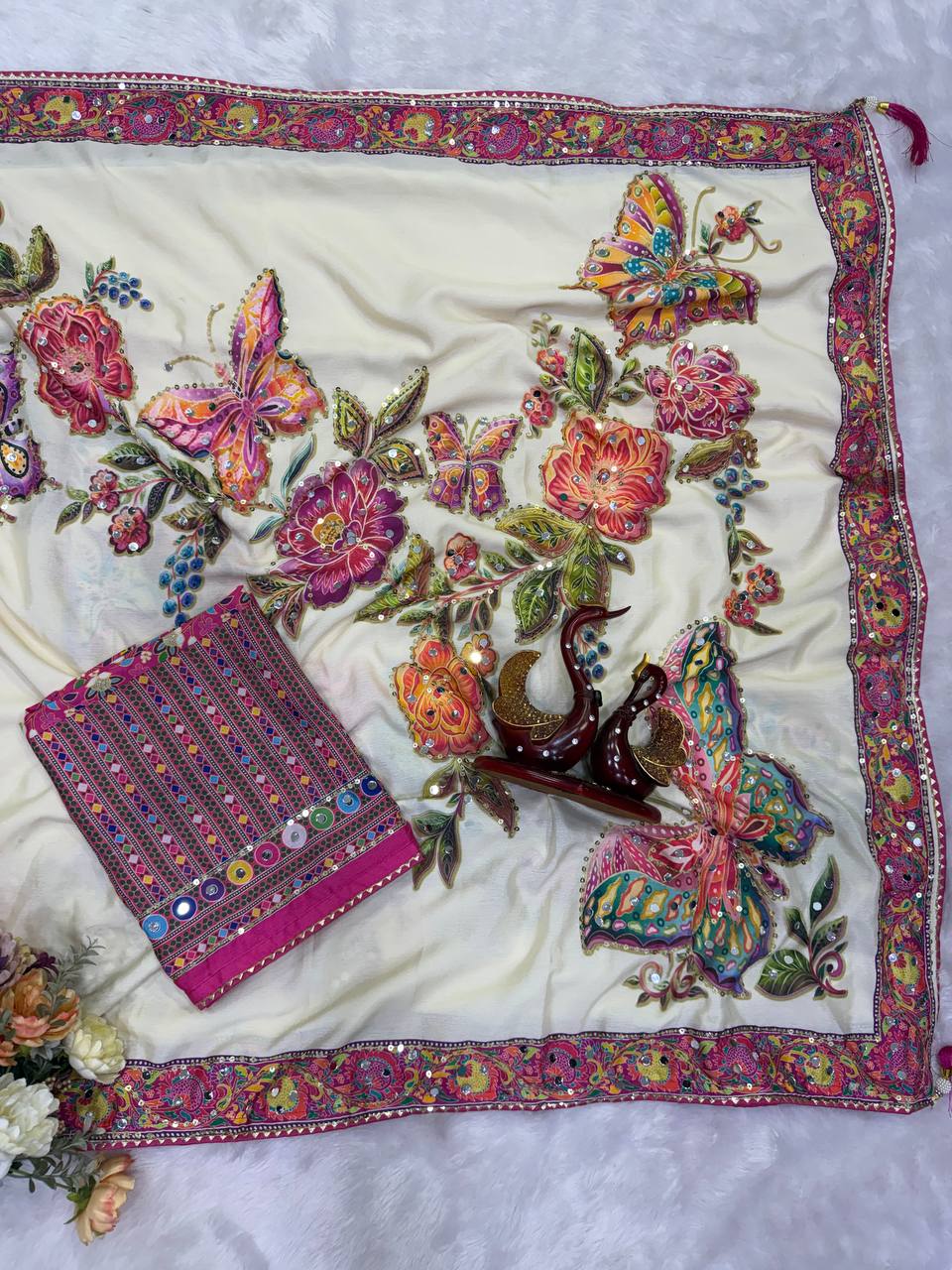 Designer Soft Chinnon Silk Butterfly &amp; Floral Print Saree with Real Mirror Work | Printed Chinnon Silk Blouse