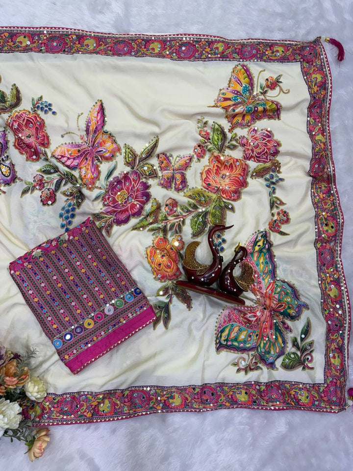 Designer Soft Chinnon Silk Butterfly &amp; Floral Print Saree with Real Mirror Work | Printed Chinnon Silk Blouse