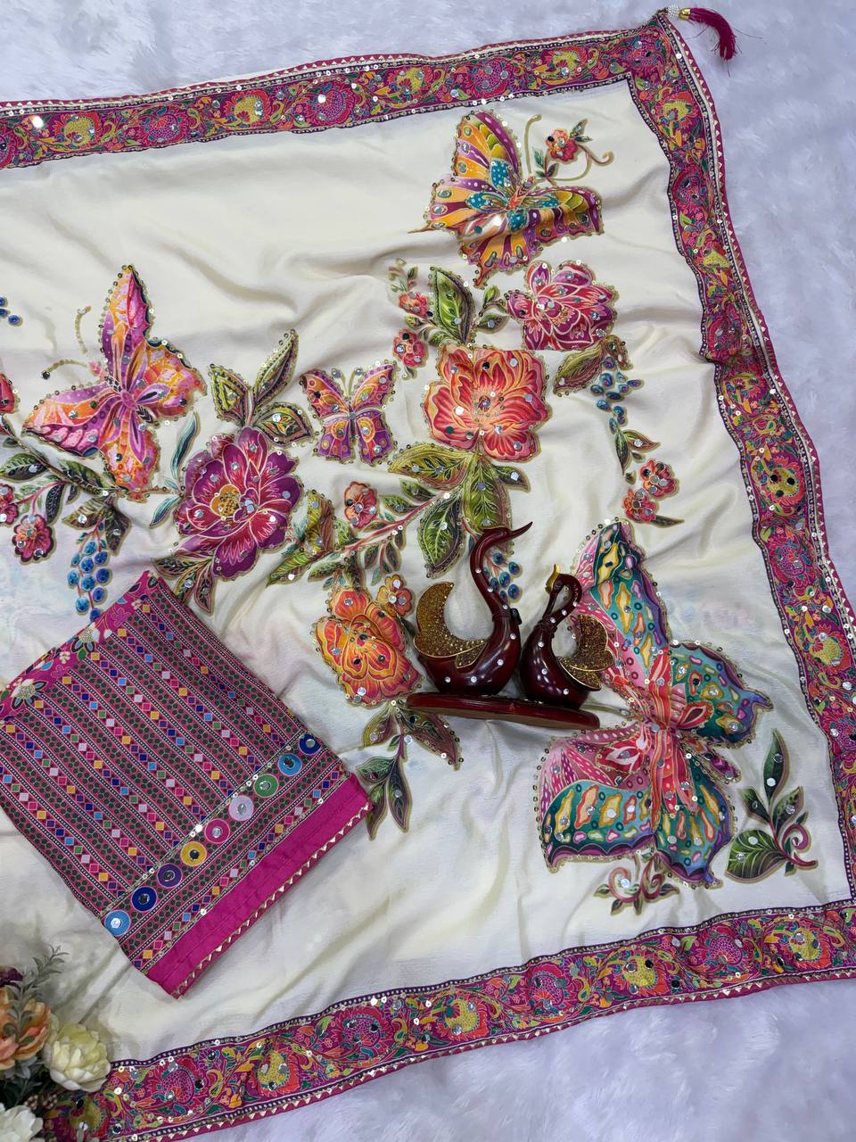 Designer Soft Chinnon Silk Butterfly &amp; Floral Print Saree with Real Mirror Work | Printed Chinnon Silk Blouse