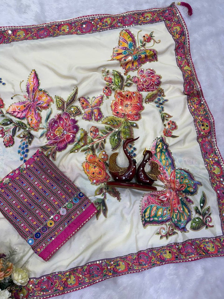Designer Soft Chinnon Silk Butterfly &amp; Floral Print Saree with Real Mirror Work | Printed Chinnon Silk Blouse