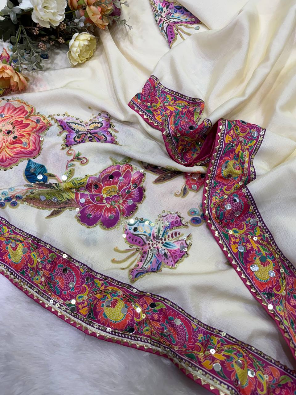 Designer Soft Chinnon Silk Butterfly &amp; Floral Print Saree with Real Mirror Work | Printed Chinnon Silk Blouse
