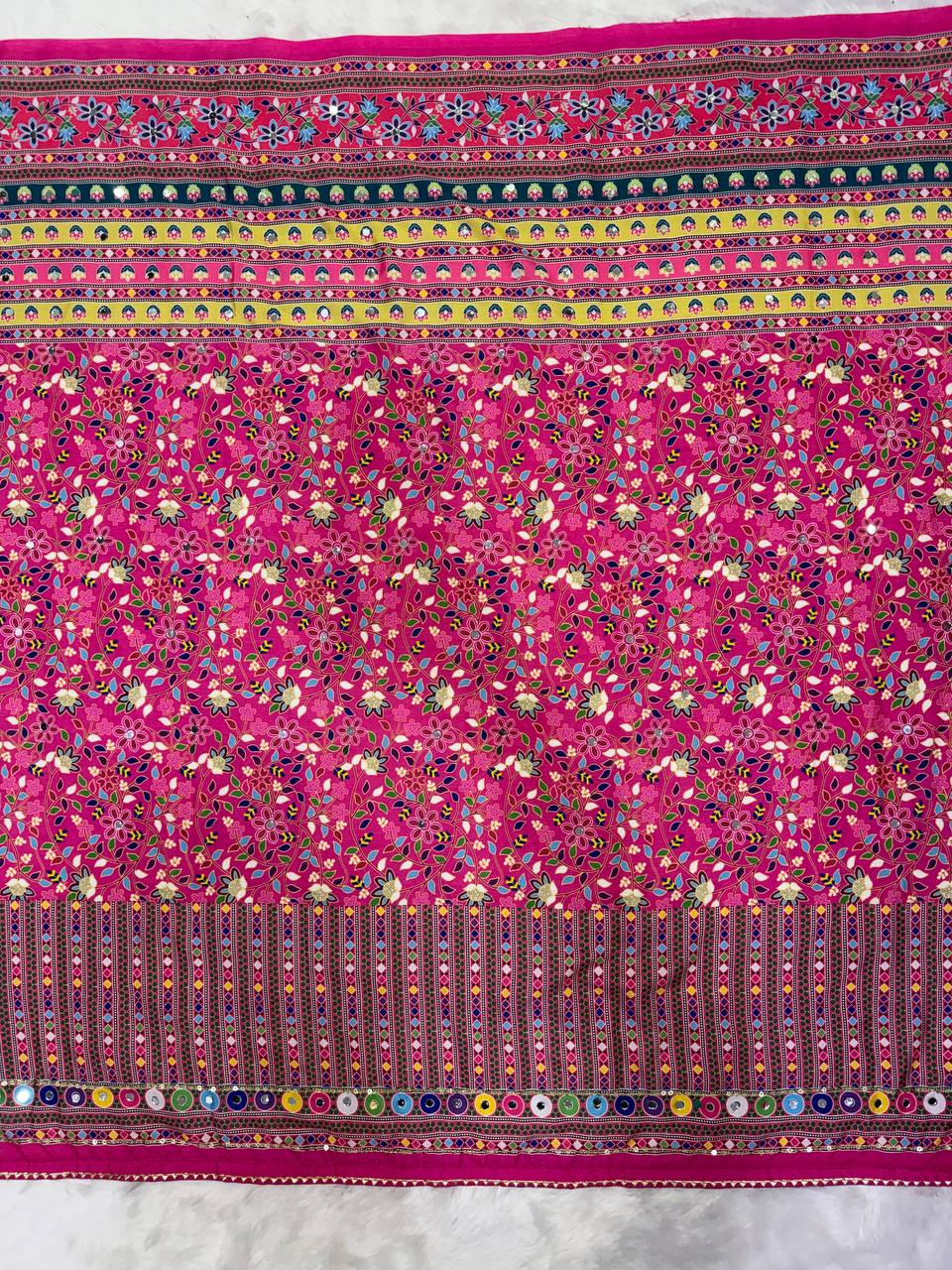 Designer Soft Chinnon Silk Butterfly &amp; Floral Print Saree with Real Mirror Work | Printed Chinnon Silk Blouse