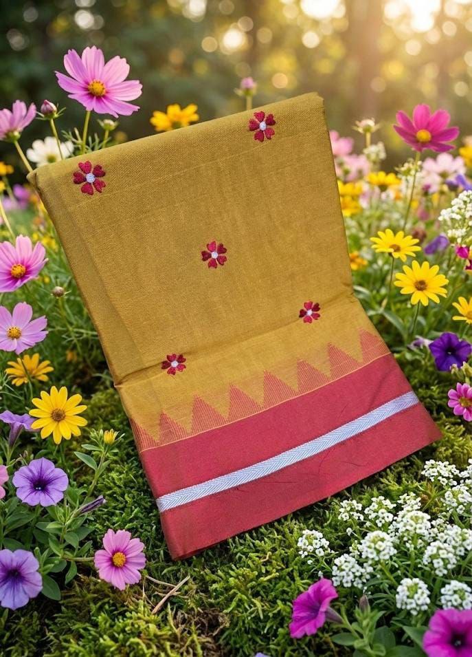 Handloom Cotton Saree with Floral Butta Work  YELLOW