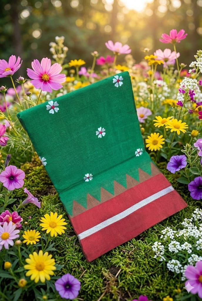 Handloom Cotton Saree with Floral Butta Work  GREEN