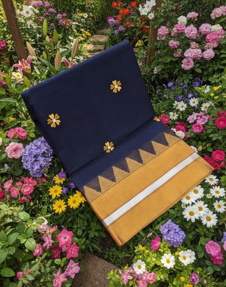 Handloom Cotton Saree with Floral Butta Work DARK BLUE