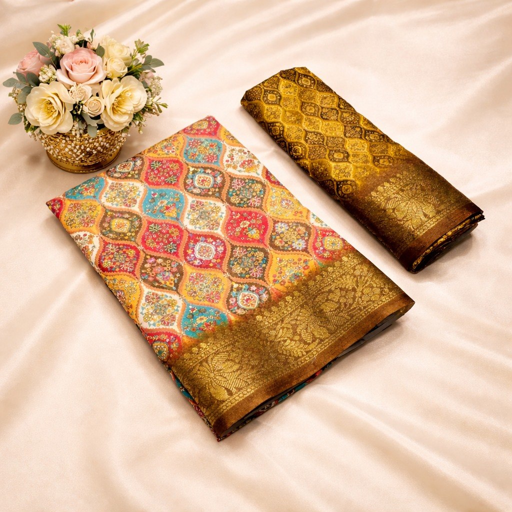 Multicolor Designer Banarasi Dola Silk Saree with Rich Zari Border &amp; Pallu - BROWN