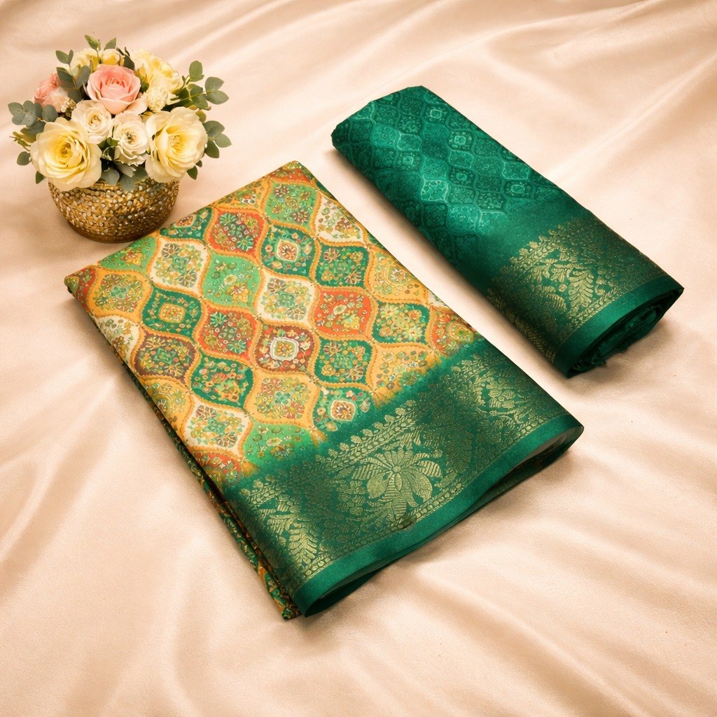 Multicolor Designer Banarasi Dola Silk Saree with Rich Zari Border &amp; Pallu - GREEN