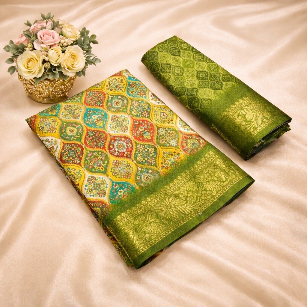 Multicolor Designer Banarasi Dola Silk Saree with Rich Zari Border &amp; Pallu - PISTA