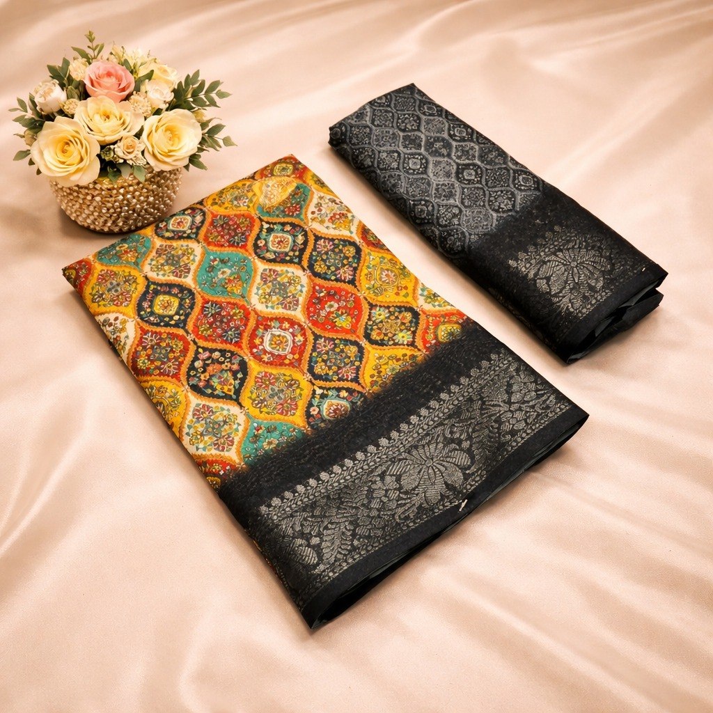 Multicolor Designer Banarasi Dola Silk Saree with Rich Zari Border &amp; Pallu - BLACK