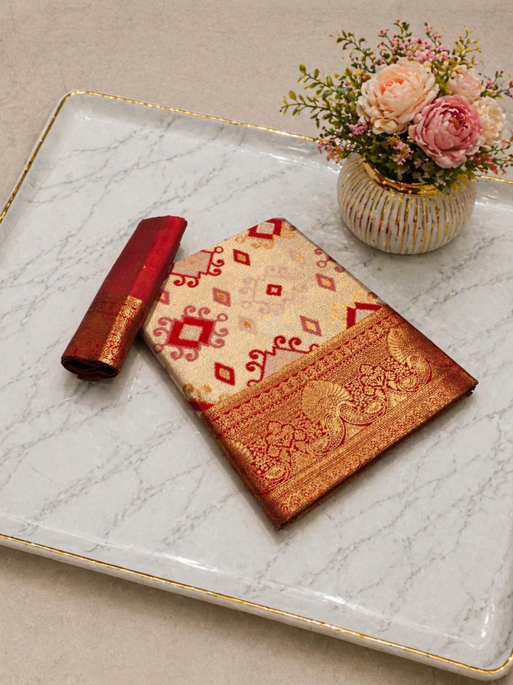 Heritage Ivory Banarasi Saree with Royal Zari Weaving - RED