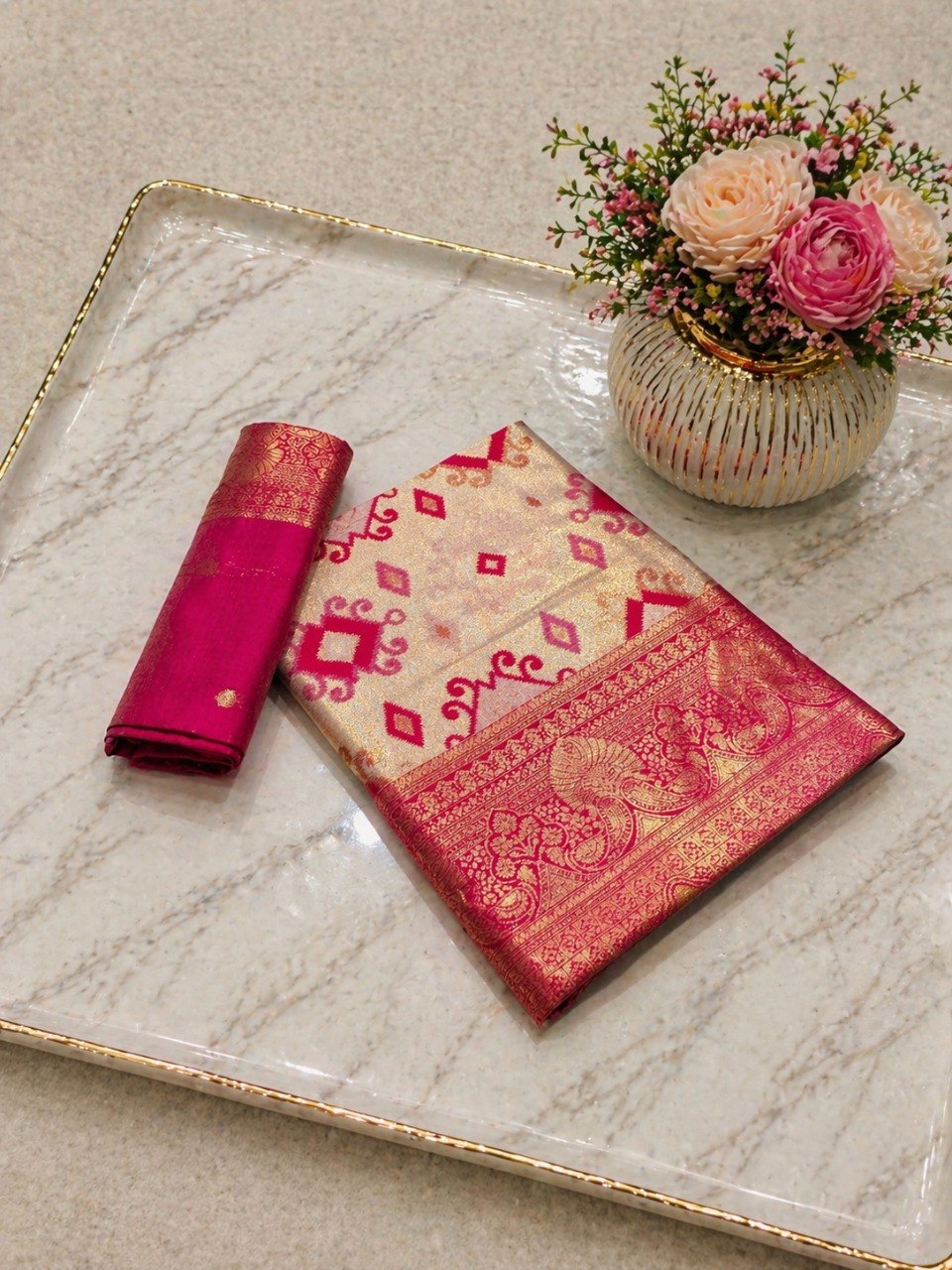 Heritage Ivory Banarasi Saree with Royal Zari Weaving - PINK