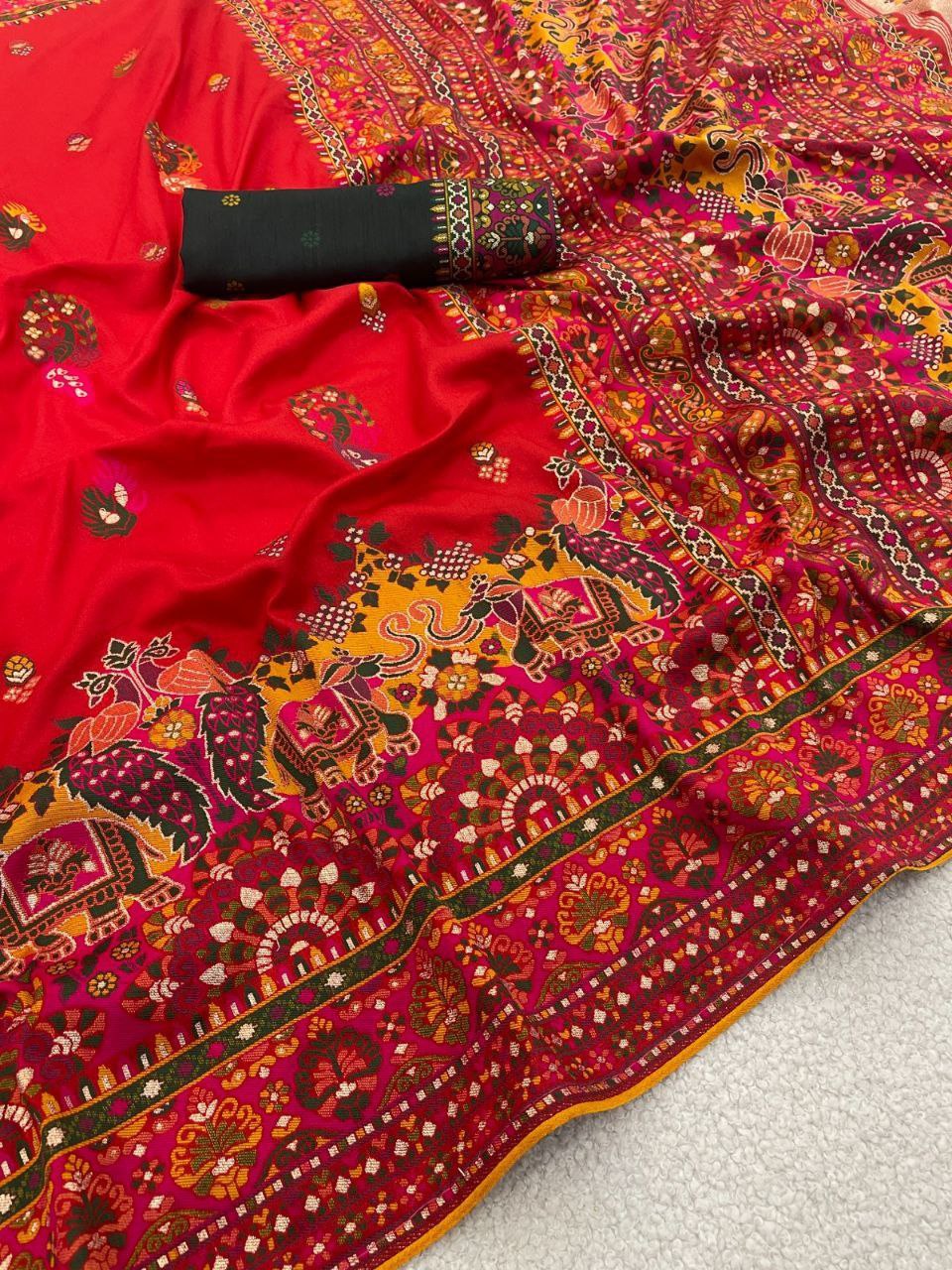 Heritage Soft Silk Saree with Elephant Procession Border &amp; Rich Pallu  RED