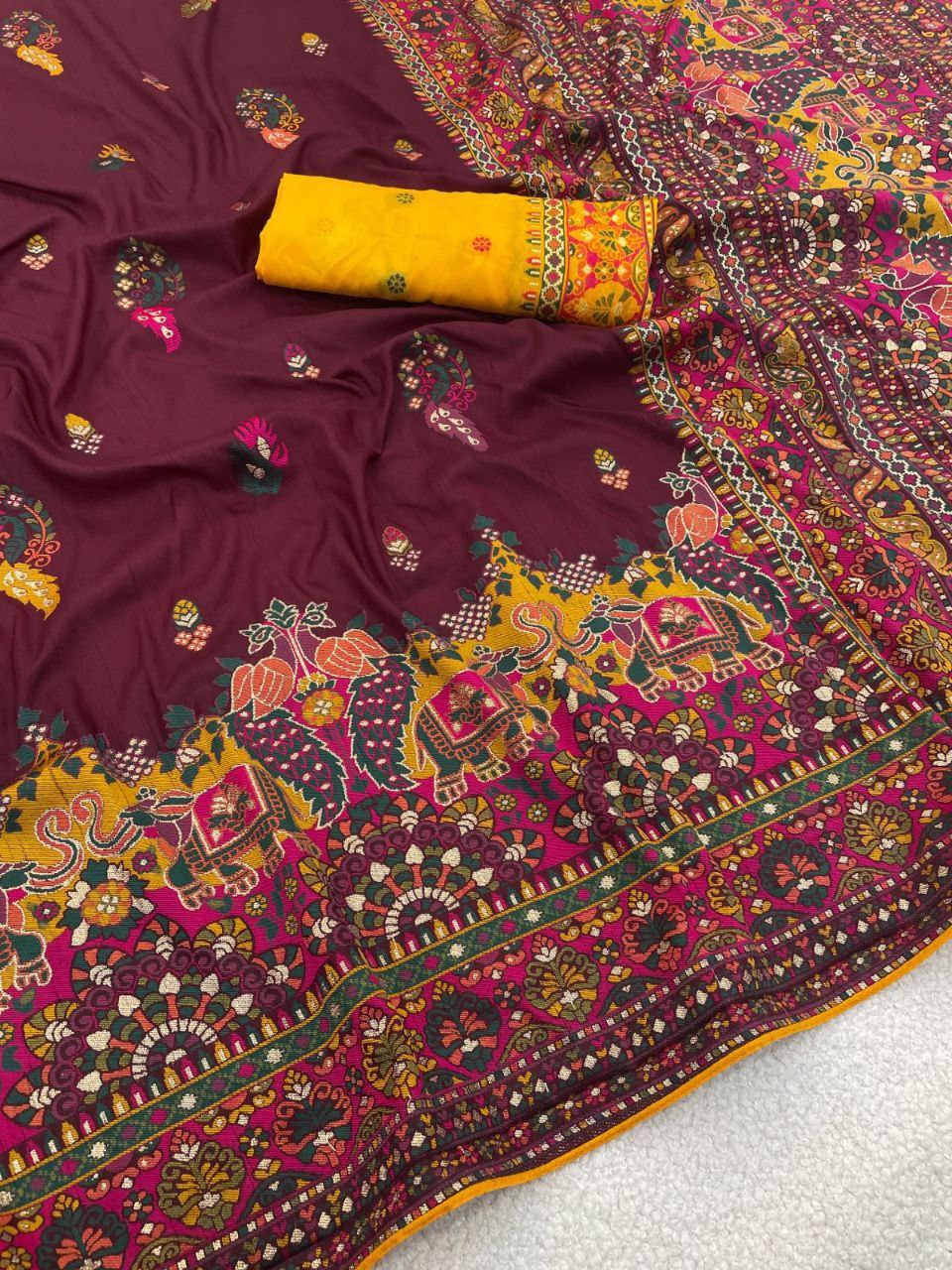 Heritage Soft Silk Saree with Elephant Procession Border &amp; Rich Pallu  MAROON