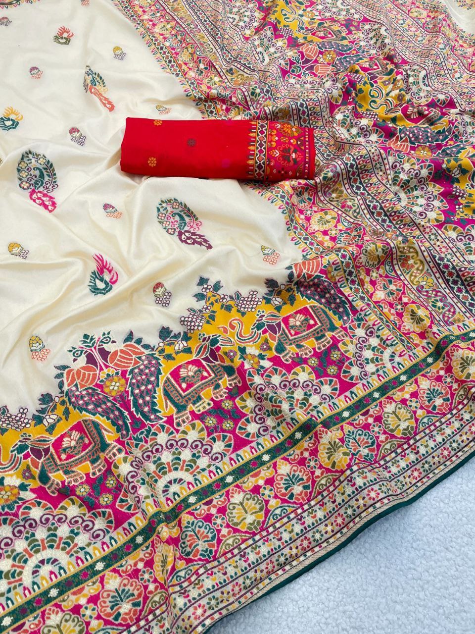 Heritage Soft Silk Saree with Elephant Procession Border &amp; Rich Pallu CREAM