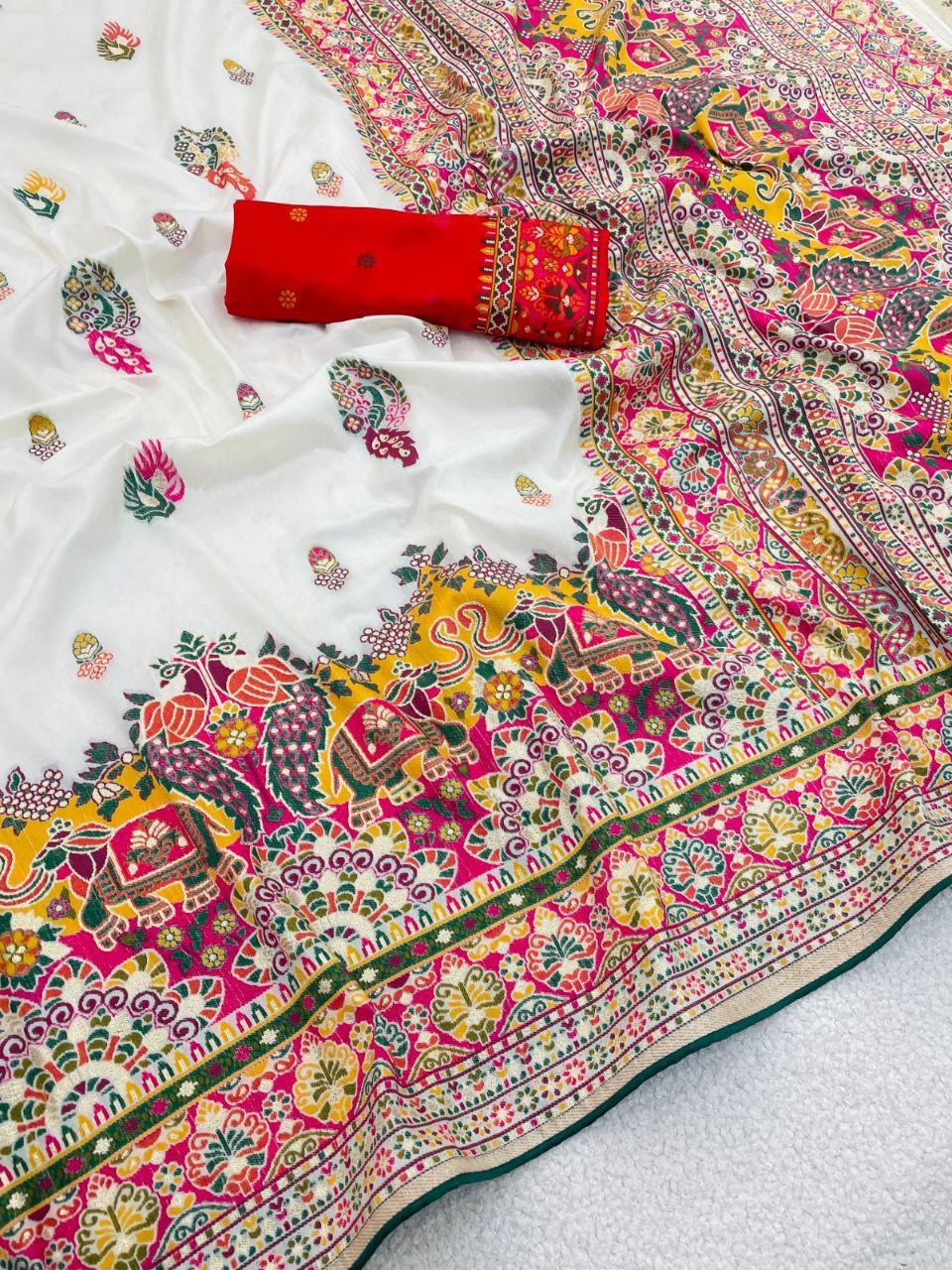 Heritage Soft Silk Saree with Elephant Procession Border &amp; Rich Pallu  WHITE