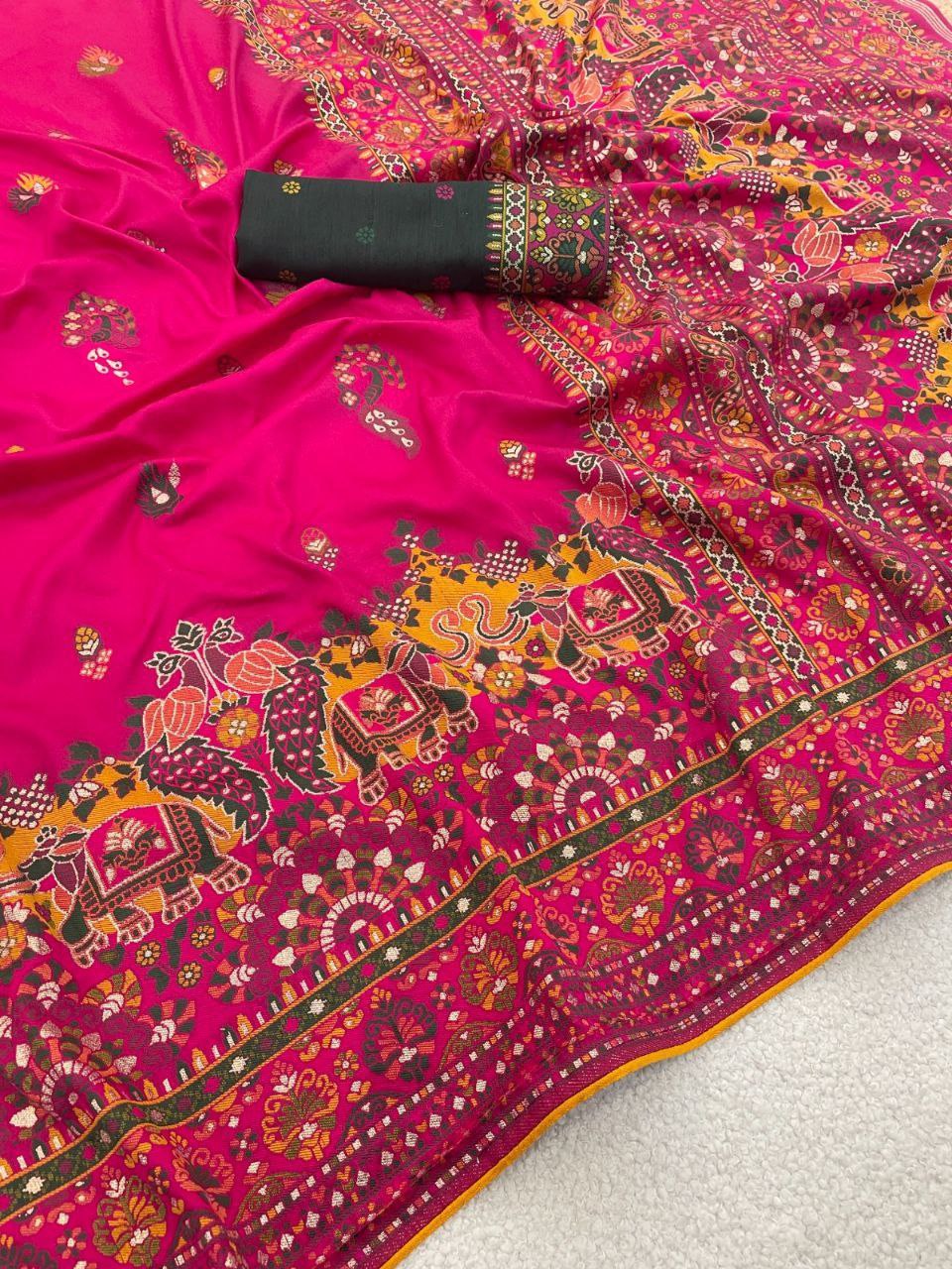Heritage Soft Silk Saree with Elephant Procession Border &amp; Rich Pallu RANI PINK