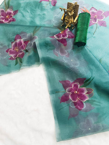 Soft pure organza printed with handwork saree