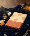 Elegant Ivory Floral Banarasi Silk Saree with Copper Zari Border - CREAM