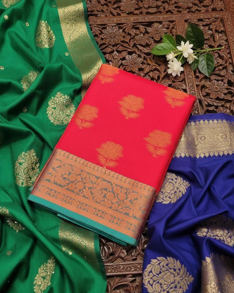 Elegant Ivory Floral Banarasi Silk Saree with Copper Zari Border - RED