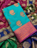 Elegant Ivory Floral Banarasi Silk Saree with Copper Zari Border - SKY