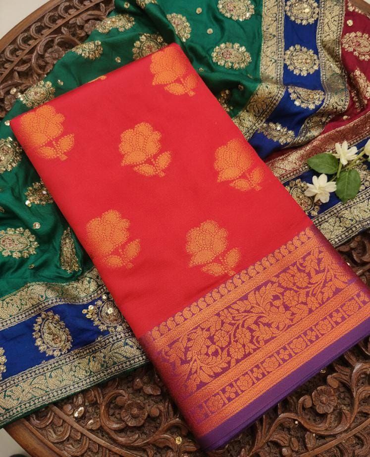 Elegant Ivory Floral Banarasi Silk Saree with Copper Zari Border - RED AND BLUE