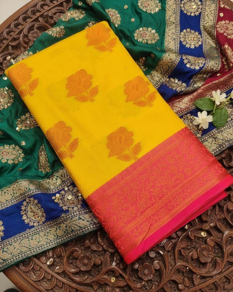 Elegant Ivory Floral Banarasi Silk Saree with Copper Zari Border - YELLOW