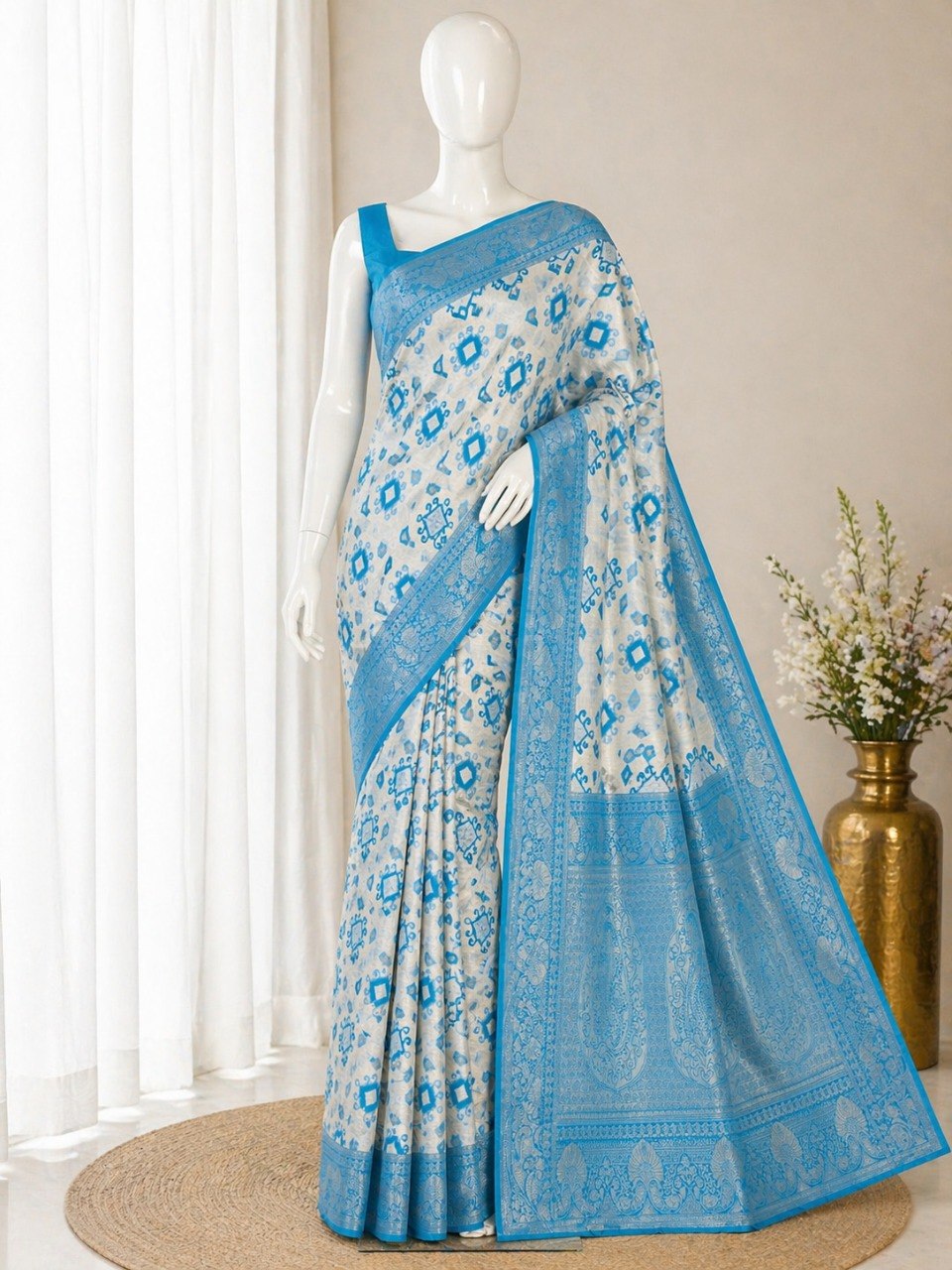 Heritage Ivory Banarasi Saree with Royal Zari Weaving - SKY BLUE