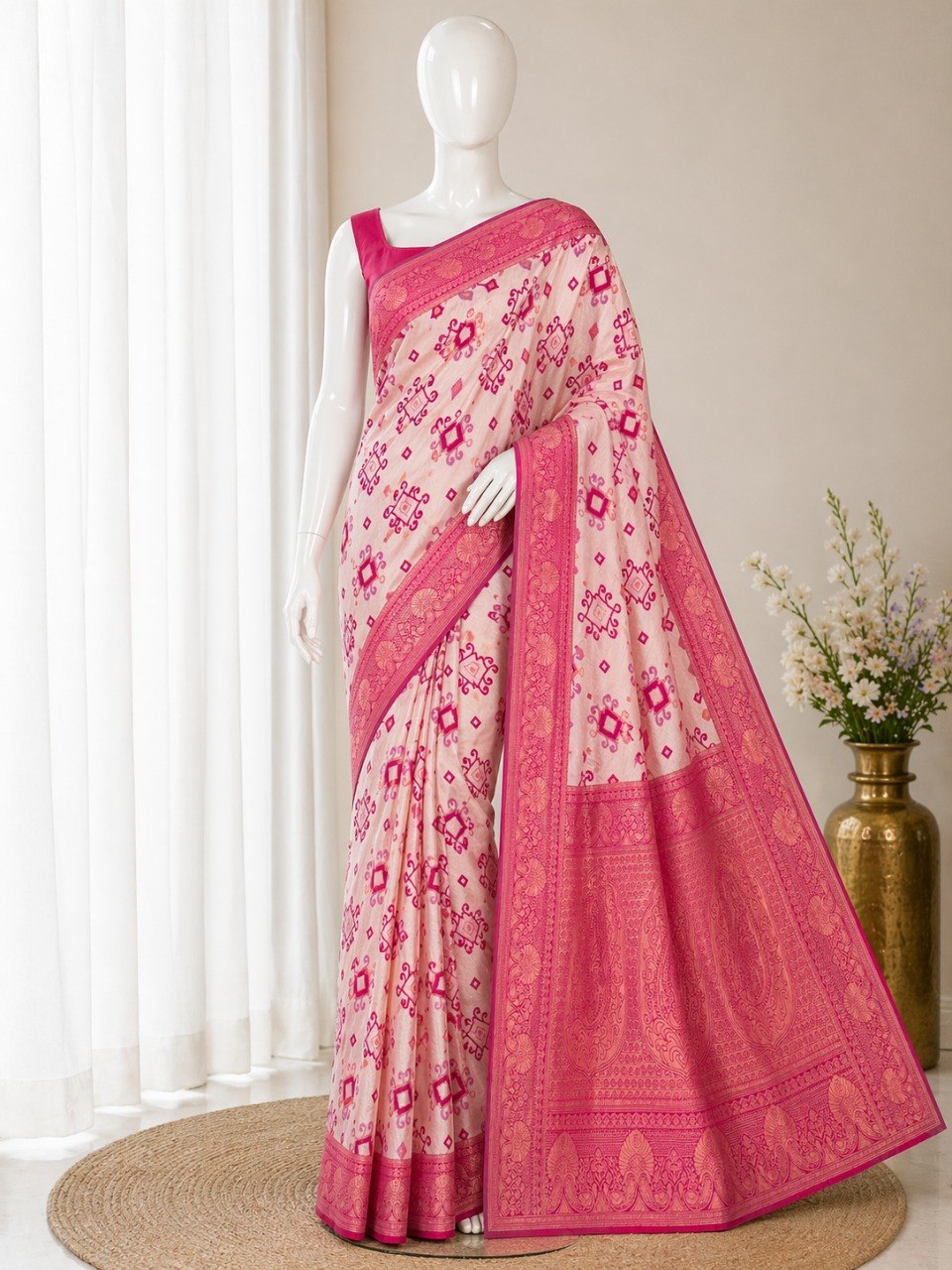 Heritage Ivory Banarasi Saree with Royal Zari Weaving - PINK
