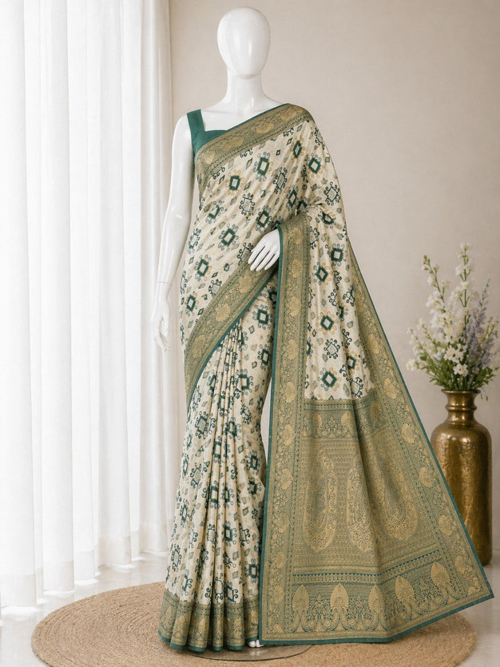 Heritage Ivory Banarasi Saree with Royal Zari Weaving - GREEN
