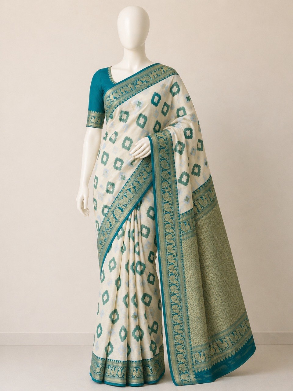 Premium Linen Cotton Saree with Floral Ethnic Weaving - RAMA