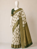 Premium Linen Cotton Saree with Floral Ethnic Weaving - GREEN