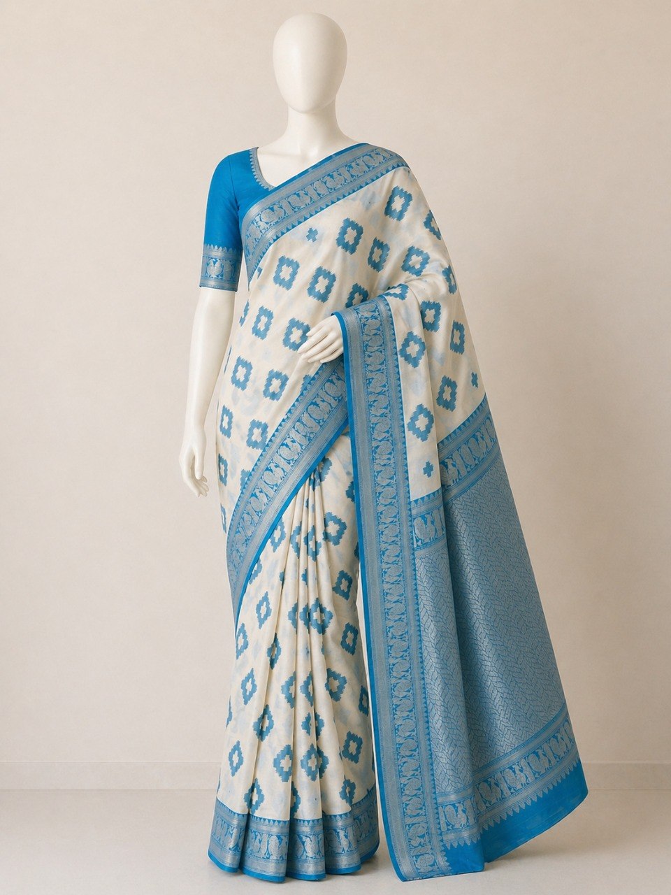 Premium Linen Cotton Saree with Floral Ethnic Weaving - SKY BLUE